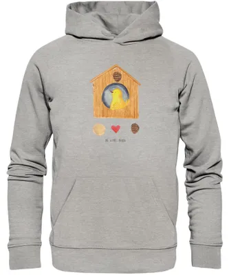 Produktbild von Mr. & Mrs. Panda Sustainable Hoodie Vogel Haus Größe XXL - Heather Grey - Geschenk, Pullover, Kapuzenpulli, Castle, Zuhause, Baumwollpullover, Pulli, Sweatshirt, Wohnung