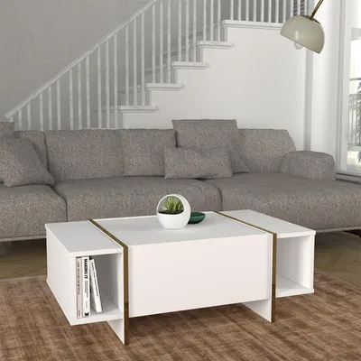 Image de Table basse 'Tavak' table de salon 104x60x38 cm avec 1 compartiment de rangement et 2 compartiments ouverts blanc/or
