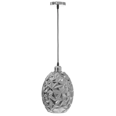 A silver pendant light with a faceted design, hanging from a black cord against a white background.