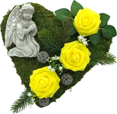 Produktbild von Grabgesteck Grabschmuck Moosherz Grabherz Trauerherz Gesteck 30 cm Engel - gelbe Rosen