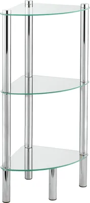 A three-tiered corner shelf unit with glass shelves and chrome-plated metal supports.