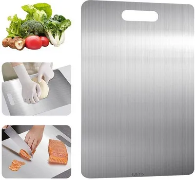 Productafbeelding van Ibenzoa® snijplank van roestvrij staal 316 en titanium, dubbelzijdig – hygiënisch, BPA-vrij, antibacterieel, geschikt voor vlees en groenten