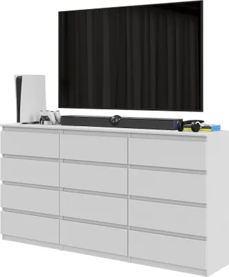 A white dresser with a television and gaming console on top.