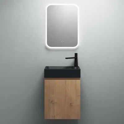 Produktbild von Mai & Mai Badmöbelset Badezimmermöbel bestehend aus Mineralguss Waschbecken LED-Spiegel und Waschbeckenunterschrank in Kerneiche, BTH: 46x26x63cm Pisa02