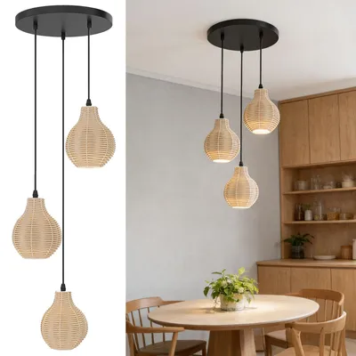 Produktbild von COSTWAY 3-Flammig Hängeleuchte, Boho Rattan Pendelleuchte über Esstisch, handgewebter natürlicher Korb-Kronleuchter mit verstellbarer Höhe