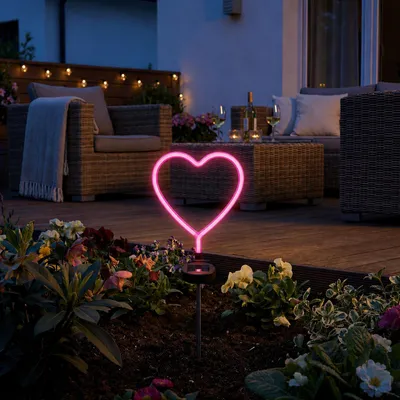 Produktbild von LED Solar Gartenstecker Herz - Solarleuchte pinkes Neonherz - H: 72cm - Lichtsensor