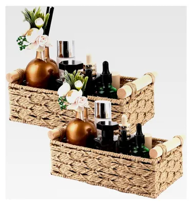 Produktbild von 2 Stück Aufbewahrungskörbe für das Badezimmer, Geflochtene Körbe mit Holzgriffen, Dekorative Aufbewahrungsboxen, Rattankörbe aus Gewebtem, Stapelbare Regalkörbe (30x20x10CM / 25x15x8CM)