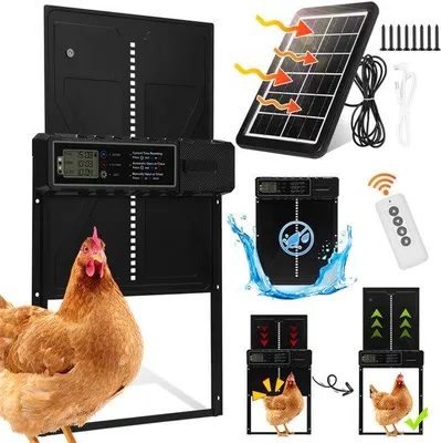 Obrázek produktu pro Automatický kurník – s časovačem, dálkovým ovládáním a solárním panelem – IPX3 – výklopné dvířka – klec pro slepice