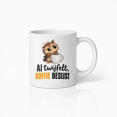 Productafbeelding van Schattige AI Twijfelt Mok – Tekstmok met Cartoonfiguurtje en Koffieliefhebbers Cadeau