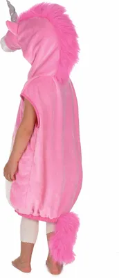 A child wearing a pink unicorn costume, shown from the side.