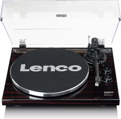 A Lenco turntable with its dust cover open, presented against a white background.