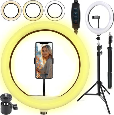 A ring light setup with a smartphone holder and a tripod.