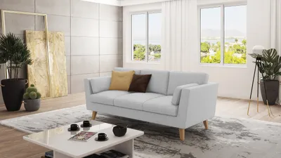 Produktbild von S-STYLE MÖBEL - Sofa 3-Sitzer mit Holzfüßen im skandinavischen Stil Elma aus Silber Luxusmicrofaser, B/T/H: 206 cm/ 89 cm/ 90 cm