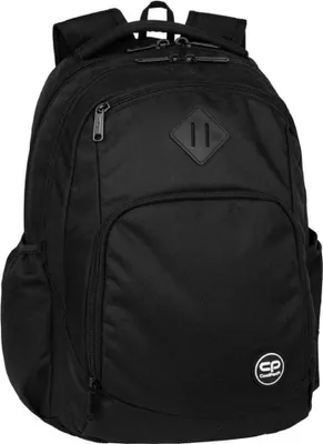 A black backpack is shown against a white background.