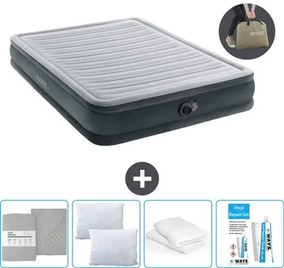 Obrázek produktu pro Nafukovací matrace – pro 2 osoby – 152 x 203 x 33 cm – šedá – včetně pumpy, ložního prádla, polštářů, opravné sady a povlečení na polštáře