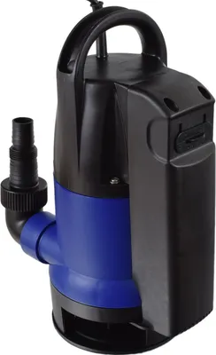 A submersible dirty water pump with a black handle and casing, and a blue body.