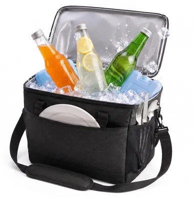 Productafbeelding van Relaxdays Koeltas, 30 liter, waterdicht, met 2 handgrepen en een band, geschikt voor strand, camping en picknick, picknicktas, zwart, AI-gegenereerde afbeelding