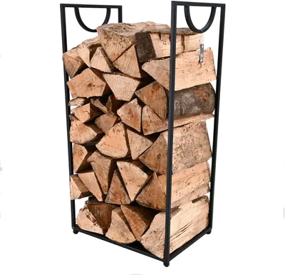 A black metal firewood rack filled with chopped wood, presented against a white background.