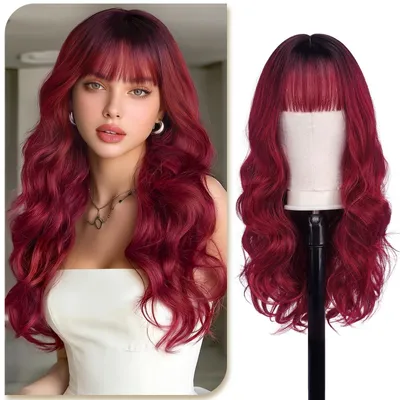 Zdjęcie produktu dla Peruka falująca, długość 60 cm, kolor: gradient od bordowego do czarnego, materiał: syntetyczny, krótka fryzura, damska, idealna do cosplayu/na karnawał, peruka