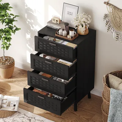 Produktbild von UnboxG Schwarze Kommode 55×40×95 cm – 4 PVC Schubladen mit Rattan-Optik, E1 Holzplatten, Gummibaumholz Beine, Stauraumschrank für Schlafzimmer oder Wohnzimmer
