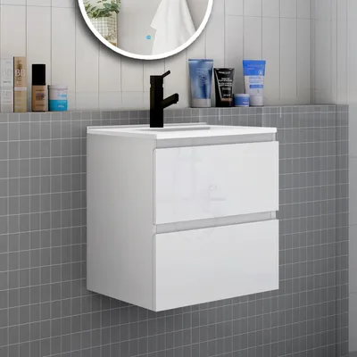 Produktbild von Badmöbel Set HUTI-Serie 60cm Dünn Keramik Waschbecken mit Unterschrank Badezimmermöbel mit 2 Schubladen Hochglanz Weiß Hängeschrank