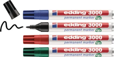 Produktbild von Permanentmarkerset edding 3000 schwarz/rot/blau/grün Strich-B.1,5-3mm Rundspitze