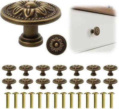 Produktbild von Unyqoos® 14‑teiliges Vintage-Set Schrankknöpfe aus Metall mit antiker Messing-Optik, inkl. Schrauben – für Schrank, Schublade & Tür