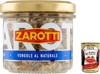Produktbild von 6x Zarotti Vongole al naturale sgusciate 'Venusmuscheln ohne Schale' in Salzlake, 130 g + Italian Gourmet polpa 400g
