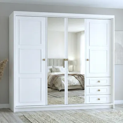 Produktbild von Geräumiger vier­türiger Kleiderschrank OSLO mit Schubladen und Metallgriffen – modernes Design Farbe: Weiß