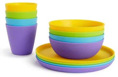 Imagen del producto de Juego de 12 piezas de vajilla infantil de colores, con platos y vasos