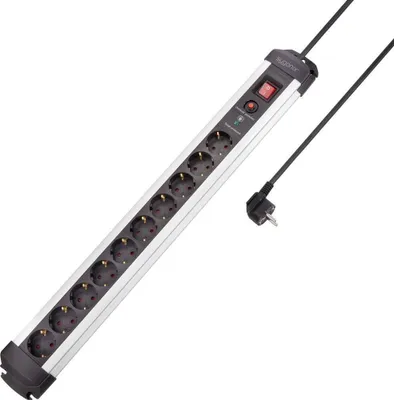 A silver and black power strip with multiple outlets and a red on/off switch, shown against a white background.