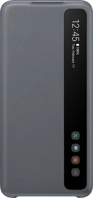 A gray Samsung Galaxy S20 flip case with a transparent window showing the time and date.