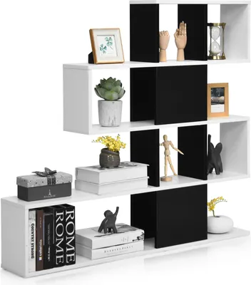 Produktbild von COSTWAY 5-stöckiges Bücherregal, Raumteiler Regal aus Holz, freistehendes Treppenregal, Standregal Stufenregal für Wohn- & Schlafzimmer, Büro, Weiß+Schwarz