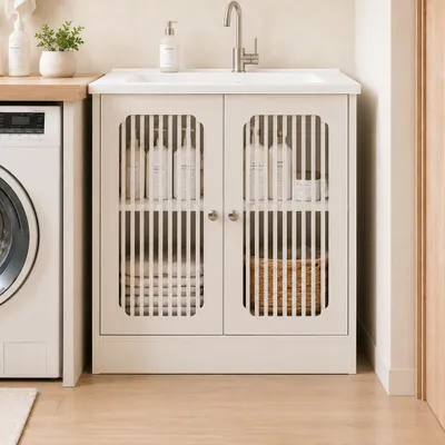 Produktbild von Waschtischunterschrank ohne Waschbecken, stehender Badezimmerschrank mit Doppeltür und Lamellenfront, weißer Badschrank