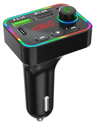 Immagine prodotto di Trasmettitore radio FM con caricabatterie per telefono HZ-BT-F4, da 87,5 MHz a 108,0 MHz, Bluetooth, 2 porte USB, nero, con retroilluminazione