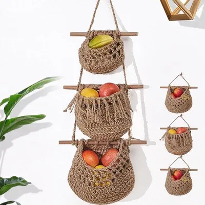 Image de Panier à fruits suspendu à trois étages, marron, fait main