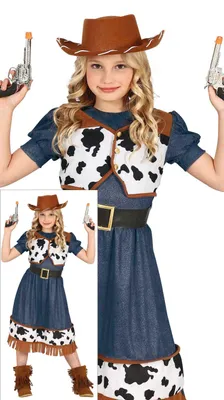 Produktbild von Cowgirl Abenteuer Westernoutfit Kostüm Karneval Kinder Hut Weste Kleid Stiefel Cowboy Party Fasching Stylisch Zeitlos Modisch, Größe: 128/134 Farbe: Blau