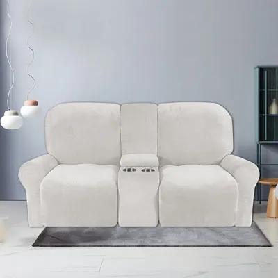 Obrázek produktu pro 8 kusů Stretch Velvet Recliner Sofa Cover s držáky pohárů, tlustý plyšový Recliner Sofa 2 Seater Cover, bílý