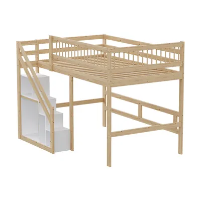 Produktbild von Massivholzbett 140*200, Treppe mit Stauschrank, hohes Geländer, Kinderbett, Jugendbett, Massivholzbettgestell, Holzfarbe