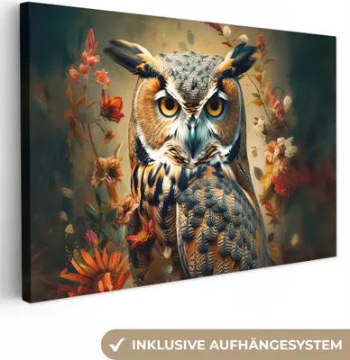 Produktbild von MuchoWow® - Leinwandbilder - Eule - Vogel - Blumen - Botanisch, Wandbild, Wanddeko Bilder Wohnzimmer, 60x40 cm
