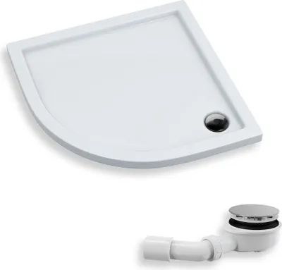 A white corner shower tray and a separate drain assembly are shown against a white background.