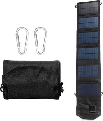 Produktbild von 12 W tragbares, faltbares Solarpanel-Ladegeraet, Dual-USB, 5 Volt, wasserdicht, hocheffizient, faltbares Solar-Ladegeraet mit 2 Karabinern fuer Campingreisen im Freien