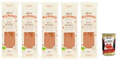 Produktbild von Rummo Spaghetti Grossi N° 5 Pasta Lenta Lavorazione Teigwaren aus Hartweizengrieß Bronze-Zeichnung 5x 500g + Italian Gourmet polpa 400g