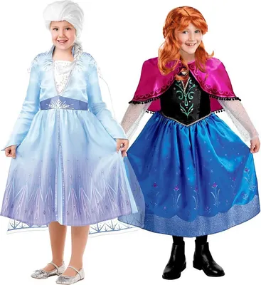 Produktbild von Die Eiskönigin Anna und Elsa Kostümbox mit 2 Perücken und 2 Kostümen Kindergröße: 134-140