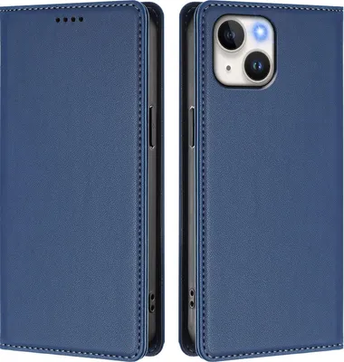 Produktbild von Handyhülle für iPhone 15, Kunstleder Klapphülle Stoßfeste Magnetische Hülle mit Ständer Dunkelblau