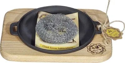 Produktbild von MAYSTERNYA Gusseiserne Servierpfanne - ø 18 x 2,5 cm - Inklusive Holz-Servierbrett - BBQ Zubehör - BBQ Pfannen - Tapaspfanne - Grillen - Schwarz