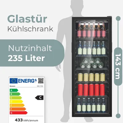 Produktbild von Bomann® Kühlschrank mit Glastür | | 143cm | Getränkekühlschrank 2 - 12°C | MultiAirflow | Türanschlag wechselbar | KSG 7292 schwarz