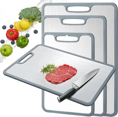 Produktbild von Schneidebrett Set, 3-teilig, Titan, Edelstahl, rutschfeste Silikonecken, für die Küche