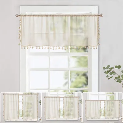 Obrázek produktu pro Boho disk záclonová tyč protahovací průhledná záclona krátké kuchyňské záclony se střapci poloprůhledné farmářské záclony pro balkonové dveře 1 kus 140x46cm