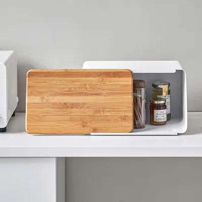 Obrázok produktu pre Kôš na chlieb Yamazaki Home biely Kôš na chlieb s bambusovou doskou na krájanie